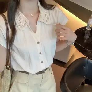 프렌치 레이스 칼라 반팔 셔츠 여성 여름