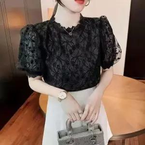 여성 반팔 레이스 블라우스 루즈핏 시폰