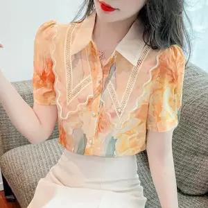 여성 퍼프 소매 반팔 블라우스 화려한 프린트