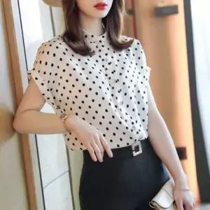 여성 여름 반팔 도트 시폰 블라우스 셔츠