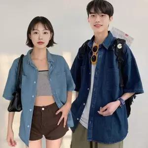 [셀러에이드]남자 여름 오버핏 데님 반팔 셔츠 청남방 루즈핏 워싱 캐주얼