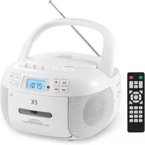 휴대용 CD 및 카세트 플레이어 콤보 붐박스 블루투스 AM FM 라디오 리모컨 테이프 녹음 스테레오 사운드