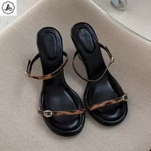 [애슬릿] 뮬 슬리퍼 레오파드 키높이 웨지 슬라이드 7cm