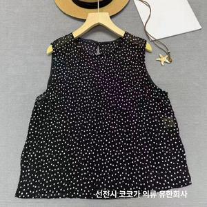 팽블몰 여성 폴카 도트 프린트 버블 링클 실크 민소매 조끼 여름 라운드넥 뽕나무 탑