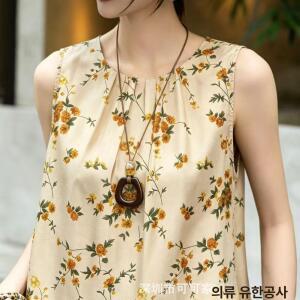 팽블몰 여성 여름 캐주얼 라운드넥 뽕나무 실크 탑프린트 능직 민소매 조끼