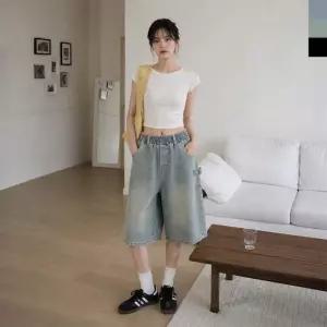 [179st.w]AGG 1020W 여자 오버핏 워싱 스냅 데님 버뮤다 밴딩 팬츠