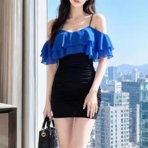 [옷자락]여자 글램룩 오프숄더 쉬폰 셔링 미니 원피스