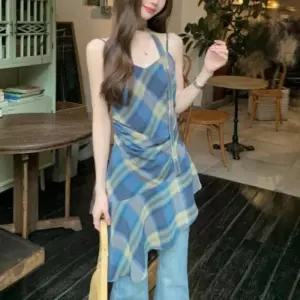 [옷자락]여자 여름 캐주얼 체크 언발 끈나시 레이어드 원피스