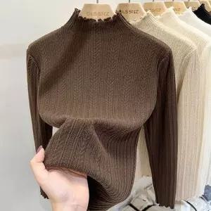 여자 가을 데이트 룩 프릴 하프넥 반목 니트 코디