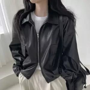 친절한탄씨 여성 투웨이 지퍼 가죽 자켓 크롭 라이더 점퍼 간절기 오버핏 레더 재킷 아우터