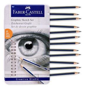Faber-Castell 흑연 연필 드로잉 세트: 스케치용 아트 연필 12개(4H, 3H, 2H, H, F, HB, B, 2B, 3B, 4B, 5B, 6B), 쉐이딩 키트