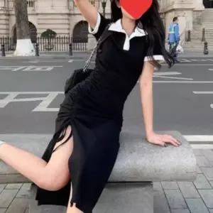 여성 여름 트임 카라 포인트 옆셔링 반팔 배색 원피스