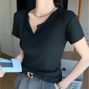 [하프클럽/셀럽하우스]여성 브이넥티 반오픈 골지 슬림핏 데일리 반팔티셔츠
