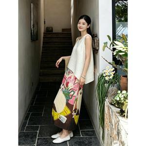 또바기 여성 미야케 플리츠 캐주얼 화이트 민소매 조끼 스커트 여름 슬리밍 투피스 슈트 HT