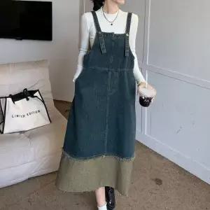하객룩원피스 여성 빈티지 데님 배색 멜빵 원피스 민소매 롱