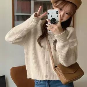 [하프클럽/]와플 조직 여성 가디건 루즈핏 브이넥 단추 니트 자켓 데일리 간