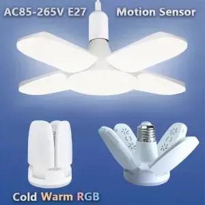 E27 팬 접이식 28W 모션 센서 LED 전구 AC85265V 변형 홈 천장 조명 창고 차고 밝기 램프