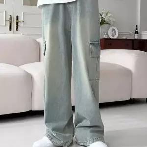 [하프클럽/]루즈핏 남성 스트릿 카고 데님 허리 밴드 와이드 청팬츠 통넓은