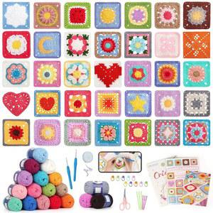 초보자를 위한 Katech Crochet 키트, 성인을 Granny Squares 키트 50개 배우기 /단계별 비디오 튜토리얼, 뜨개질 /1378yds 실 Squaret 카드 덱 - 80%