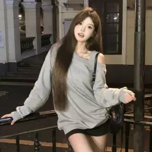 여성원숄더상의 여성상의 루즈핏 맨투맨티셔츠 오버핏맨투맨 여성긴팔 어깨트임 오