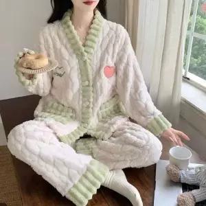 [하프클럽/]플란넬 잠옷세트 여성 겨울 파자마 수면잠옷 수면바지 홈웨어
