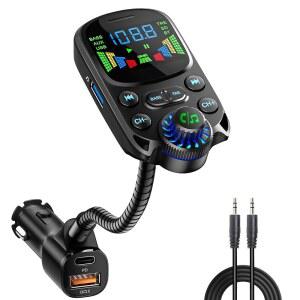 자동차 SOARUN 블루투스 카 어댑터 PD30W 및 USB 포트 고속 충전 하이파이 트레블 베이스 플레이어용 5.3 FM 송신기 1.6인치 디스플레이 핸즈프리 콜링 트럭 라디오(AUX 입력/출력 TF 카드 포함)