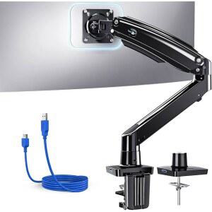 13-49인치 화면용 HUANUO 싱글 모니터 암 26.48파운드의 울트라와이드 컴퓨터 마운트 USB C-Clamp & Grommet 베이스가 장착된 업그레이드된 조절식 스탠드 VESA 75x75 또는 100x100mm