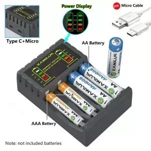 배터리 충전기 4 슬롯 1.2V NiMH NiCd AAA/AA 충전식 용 표시기가있는 고속 USB C 잭