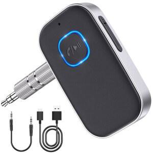 WOCBUY 블루투스 자동차 어댑터 음악 스트리밍용 3.5MM AUX 수신기 마이크 내장 무선 오디오 홈 스테레오 스피커(핸즈프리 키트 16시간 재생 시간)