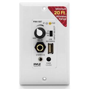 PYLE 무선 BT 수신기 벽걸이 - 100W 인월 오디오 제어 수신기 내장 앰프 USB / 마이크 AUX (3.5MM) 입력 스피커 단자 블록 2개 연결 흰색 PWA15BT