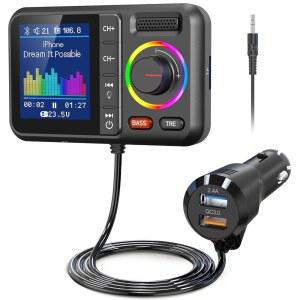 자동차용 NULAXY BLUETOOTH FM 송신기 대형 컬러 화면 포함 무선 자동차 V5.0 어댑터 QC3.0 고속 충전 지원 핸즈프리 통화 MP3 음악 플레이어 BASS & TRE 부스터 TF 카드 AUX-KM28