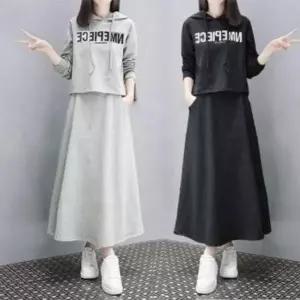 DC 데일리룩 후드 투피스 세트 여성 캐주얼 롱스커트