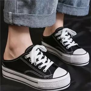여성 뮬 슬리퍼 5.5cm 뮬 슬리퍼 캔버스 스니커즈 블로퍼 단화 라운드 키높이 패브릭