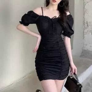 쉬폰원피스 주름 오프숄더 퍼프 드레스 슬림 스퀘어넥원피스 흰색