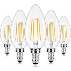 E12 LED 캔델라브라 전구 40와트 상당 4W 빈티지 캔들 디머블 470LM 웜 화이트 2700K B10 에디슨 전구 샹들리에 천장 선풍기용 필라멘트 클리어 유리 램프 (5팩)