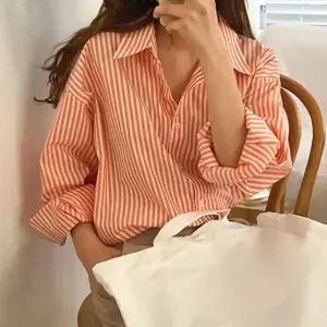 데일리 여성 상큼한 컬러 스트라이프 카라 셔츠 남방 박스티 캐주얼티셔츠 (WBFFC80)