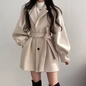 [하프클럽/셀럽하우스]벨트셋 퍼프소매 울코트 하객룩 페미닌 오버핏 자켓