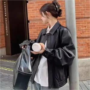 [하프클럽/셀럽하우스]여자 가을 페이크 레더자켓 카라 집업 오버핏 가죽점퍼
