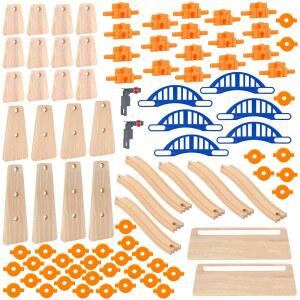 나무 기차 트랙 액세서리 빌드 앤 플레이 건설 세트 90 PCS 궁극의 고가 철도 STEM 장난감 트랙 확장 팩 상승 트랙 라이저 브리지 터널 스톱 고 게이트 호환 토마스 브리오