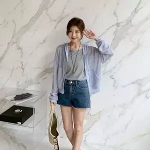 [하프클럽/]여성 여름 시스루 니트 반팔 후드 가디건