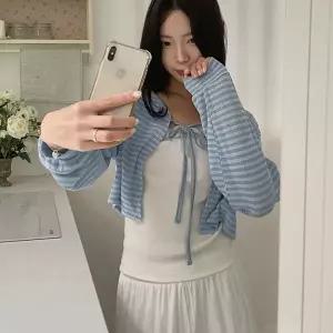 핫핑 [여름볼레로/쾌적/휴양지룩] 가넬 썸머_단가라ver 볼레로 크롭 니트가디건