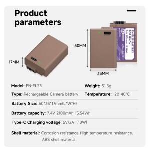 PALO EN-EL25 배터리 니콘 Z30 ZFC 마이크로 싱글 카메라용 C타입 입력 포트 포함 2100mAh