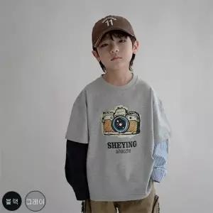 여누키즈 키즈 주니어 남아 여아 공용 카메라 셔츠 소매 순면 긴팔 티셔츠 100~150 캐쥬얼 데일리 등원 등