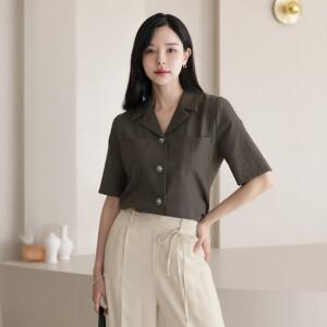 XXL까지) 엘세르나 카라 포켓 실버 버튼 블라우스 여름 하객룩 오피스룩 데이트 모임 미시 빅사이즈