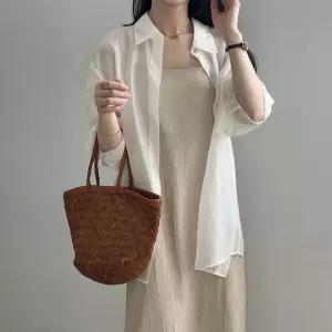 여성 여름 장마철 오간자 커버업 시스루 얇은 박시 긴팔 셔츠 남방 화이트 블랙 핑크 블루 YJ007