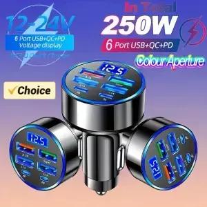 250W PD 빠른 자동차 충전기 QC3.0 충전 1 6 라이터 플러그 디지털 디스플레이가있는 플래시