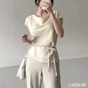 레이즐리 카울넥 드레이프 보트넥 반소매 블라우스 허리끈 여성 여름 오피스룩 하객룩