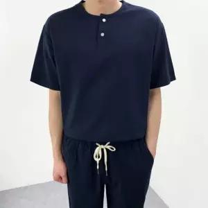 [엠클로]남자 오버핏 헨리넥 린넨 코튼 레이 반팔티셔츠 남여공용 2컬러
