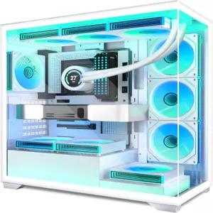 ANSAITE ATX PC 케이스 7 PWM ARGB 팬 사전 설치 미드 타워 컴퓨터 풀 뷰 듀얼 강화 유리 타입C 게이밍