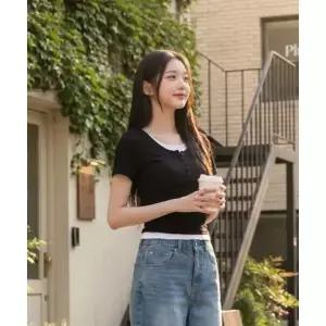 HANGTEN 이지연 여성 웨일 레이어드 셔링 반팔 티셔츠_10010570-131-410-69 10570-131-410-69 509207